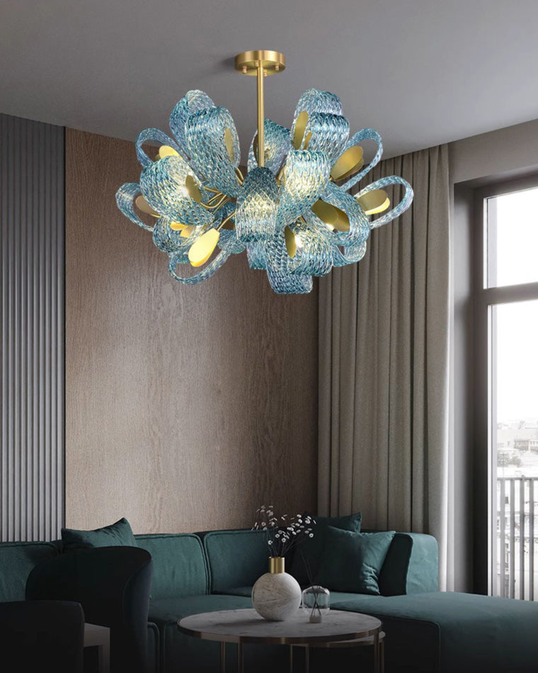 Chandelier Art Glass 19 Lights 95W Blue Peacock Dining Room Living Room Statement Lighting | Thomler