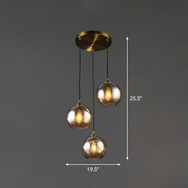 Three-Light Hanging Ceiling Fixture with Tapered Glass Globes in Antique Brass Finish for Dining Room Kitchen Island | Thomler