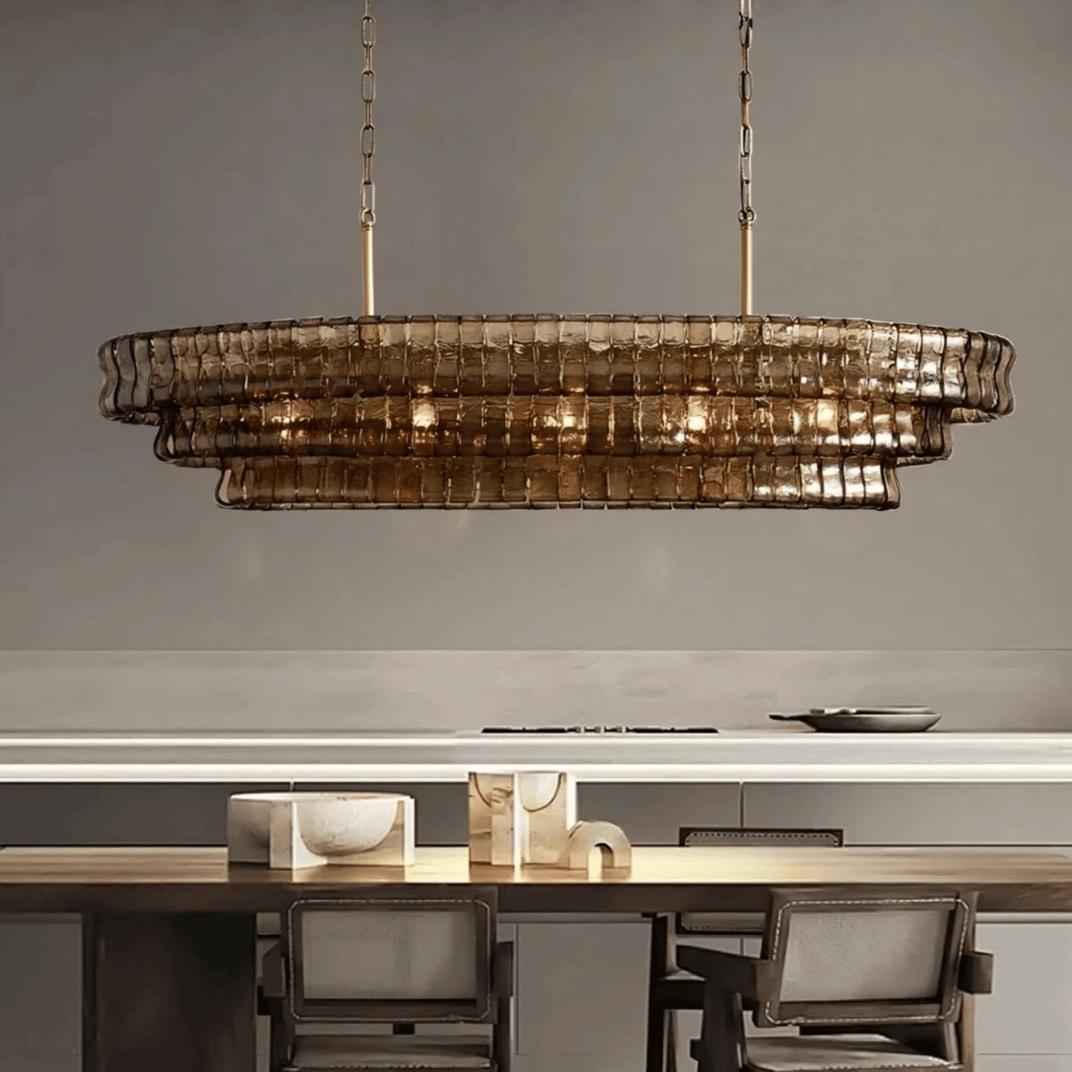 Smoky Gray Glass Linear Chandelier with Gold Hardware – Elongated Fixture for Dining Room & Kitchen Island | Thomler