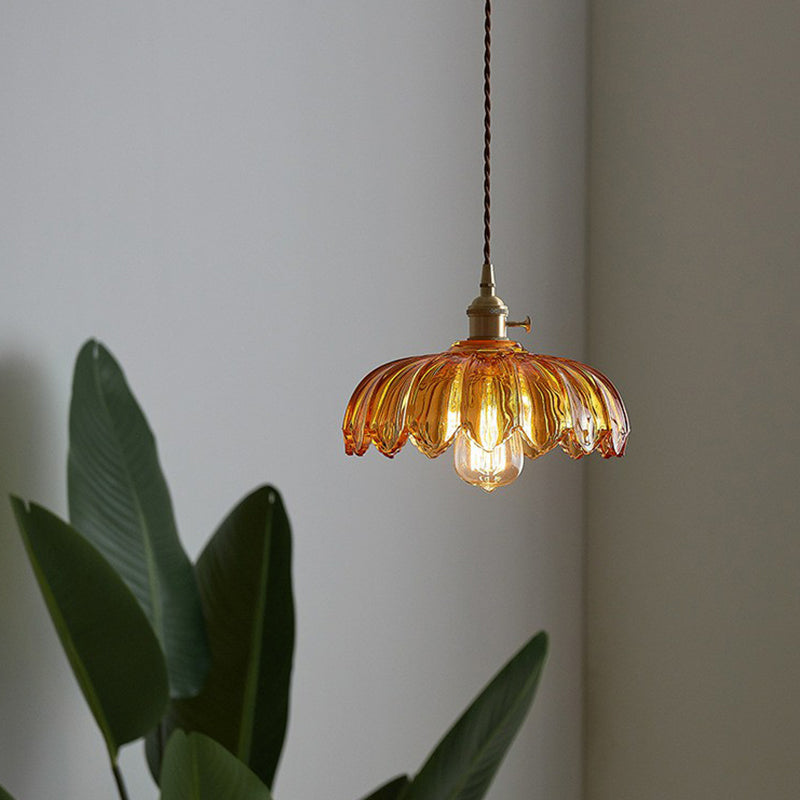 Glass Flower Pendant Light 10 Inch Industrial Hanging Fixture Clear Tan Single Bulb Dining Kitchen Living Room Ceiling Lamp E26 | Thomler