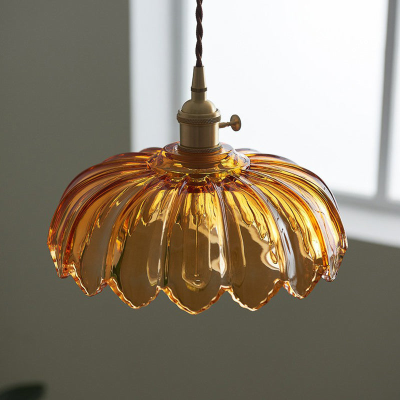 Glass Flower Pendant Light 10 Inch Industrial Hanging Fixture Clear Tan Single Bulb Dining Kitchen Living Room Ceiling Lamp E26 | Thomler
