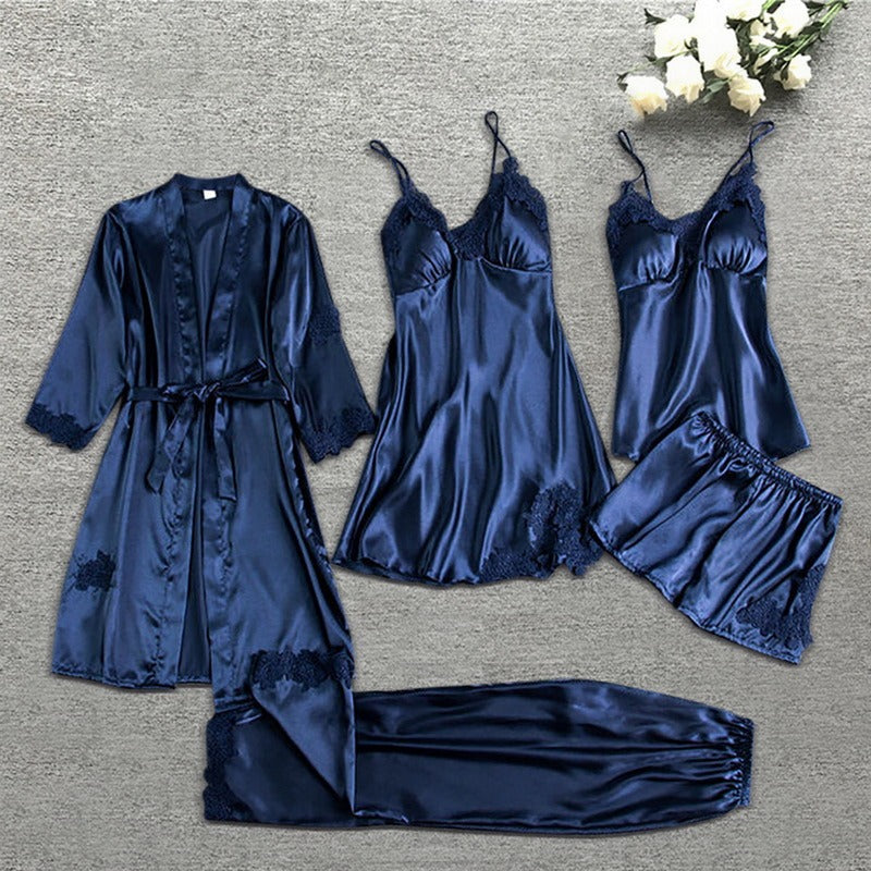 Women's Satin Pajama Set 4-Piece Robe Cami Shorts & Pants with Lace Trim for Bedroom Loungewear Sleepwear Nightwear Gift | Thomler