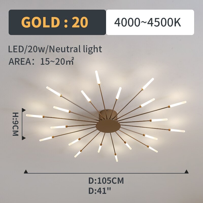 Starburst Flush Mount Ceiling Light Black Gold Modern Firework LED Fixture Bedroom Living Room Natural White Hardwired Indoor | Thomler