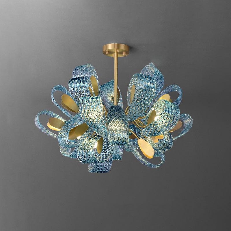 Chandelier Art Glass 19 Lights 95W Blue Peacock Dining Room Living Room Statement Lighting | Thomler