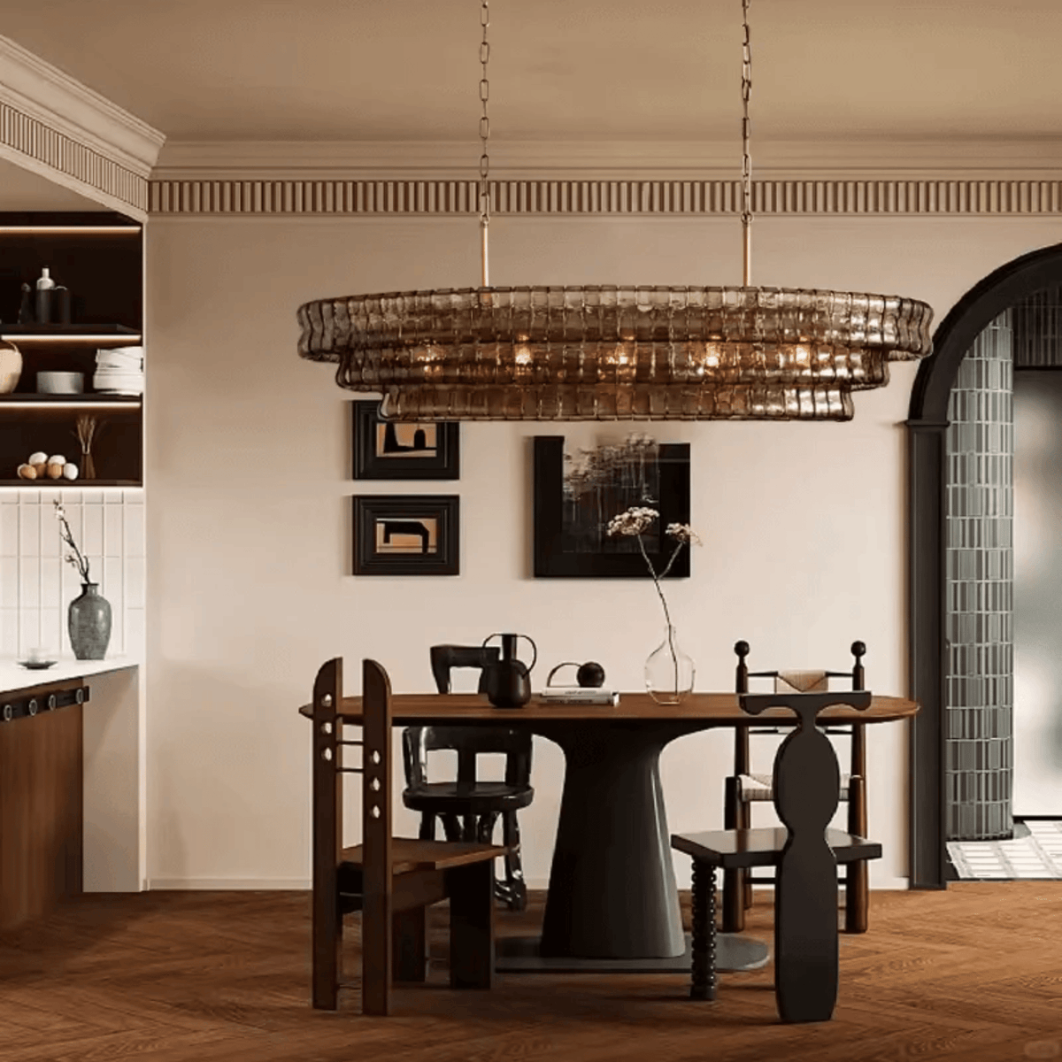 Smoky Gray Glass Linear Chandelier with Gold Hardware – Elongated Fixture for Dining Room & Kitchen Island | Thomler
