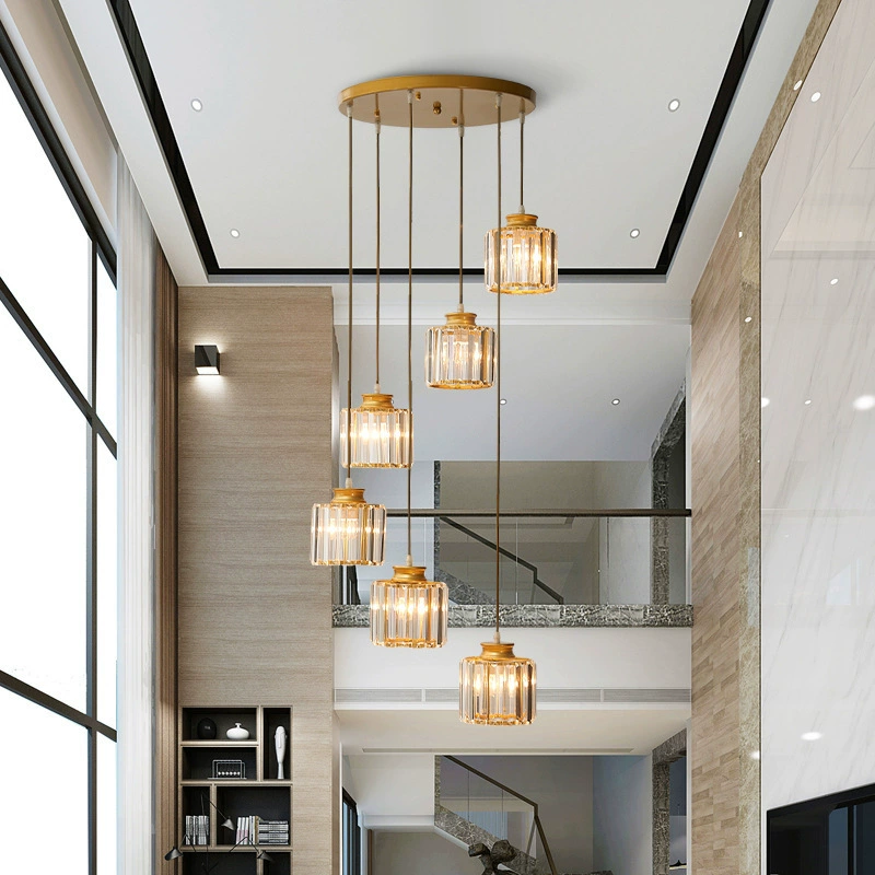 Cascading Faceted Glass Stairwell Fixture – Adjustable Height Multi-Pendant with Iron Canopy for Open Entryways & Two-Story Ceilings | Thomler