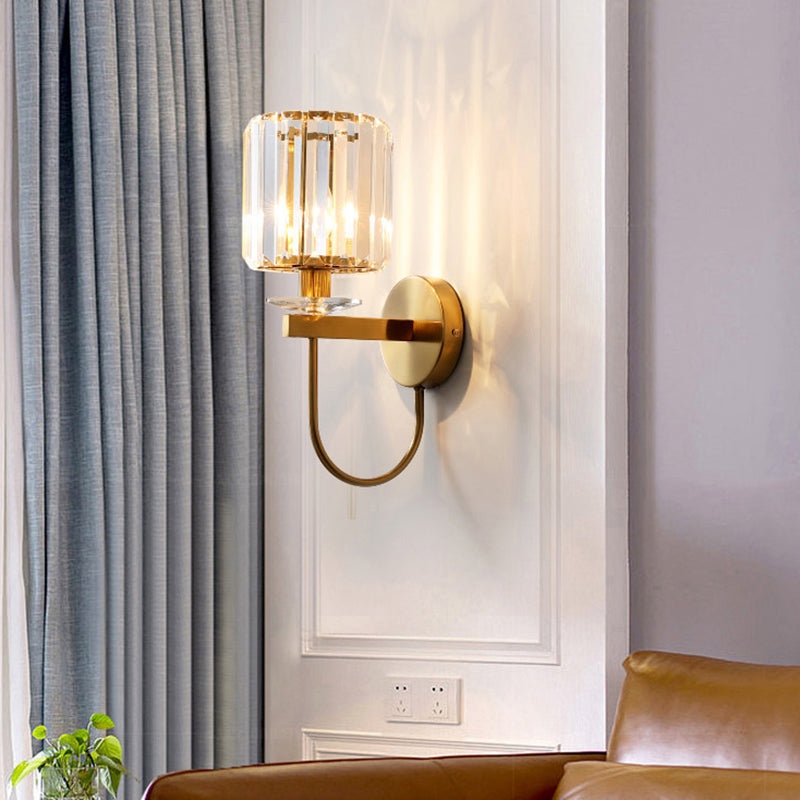 Contemporary Crystal Wall Sconce with Arched Bracket – Single-Light Gold Metal Fixture for Hallways & Bedrooms | Thomler