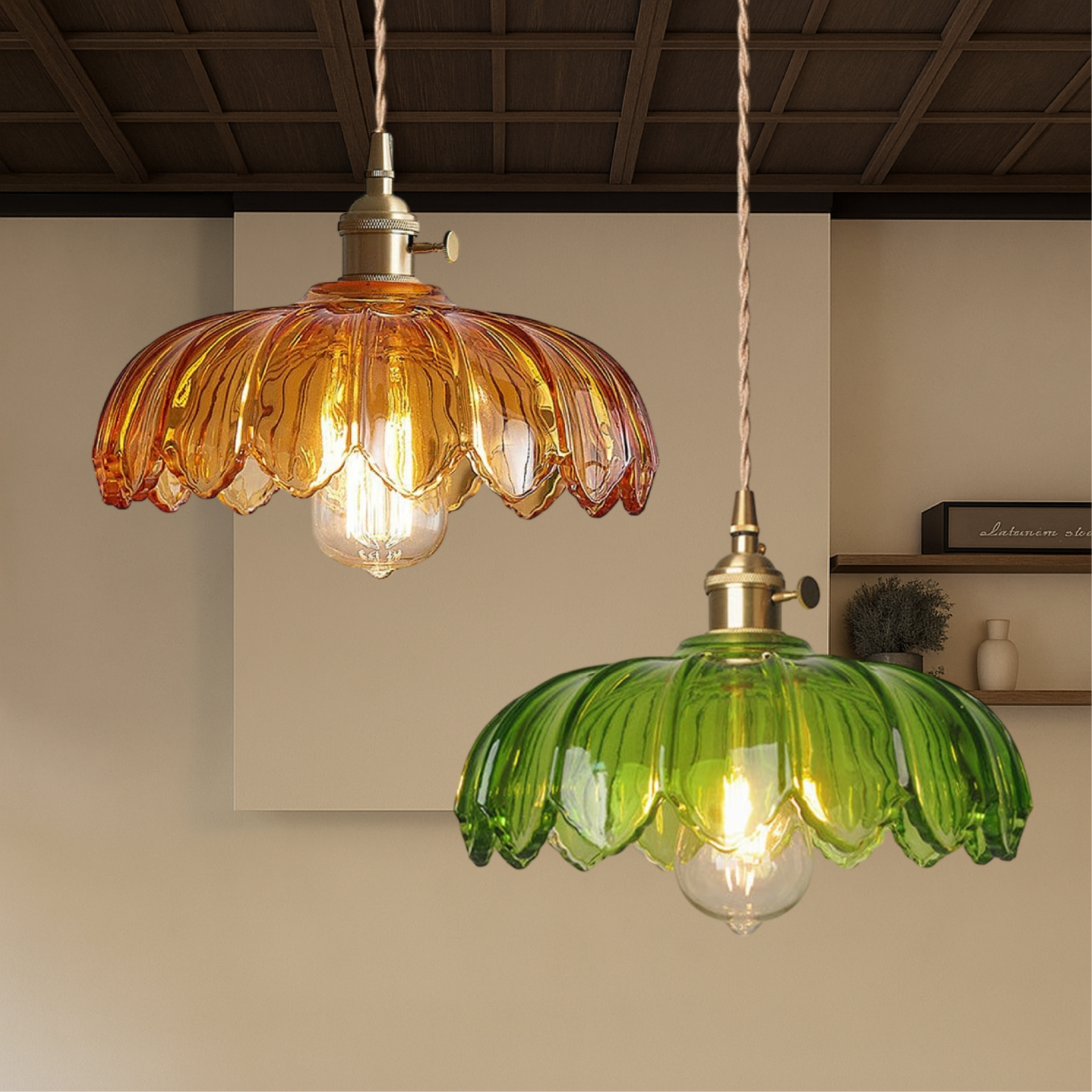 Pendant Light Glass Flower 20.0 cm Green Brass Dining Room Kitchen Island Ceiling Lamp | Thomler
