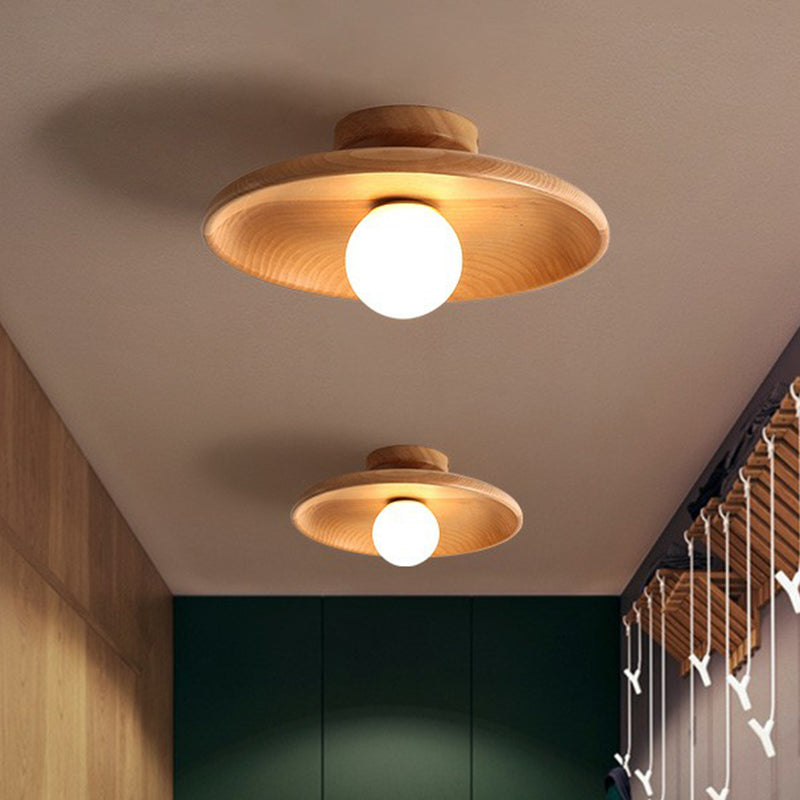 Wood Grain Semi-Flush Ceiling Light for Hallway and Entryway, Single Bulb Bowl Fixture for Low Ceilings, Modern Farmhouse Style, 11-Inch | Thomler