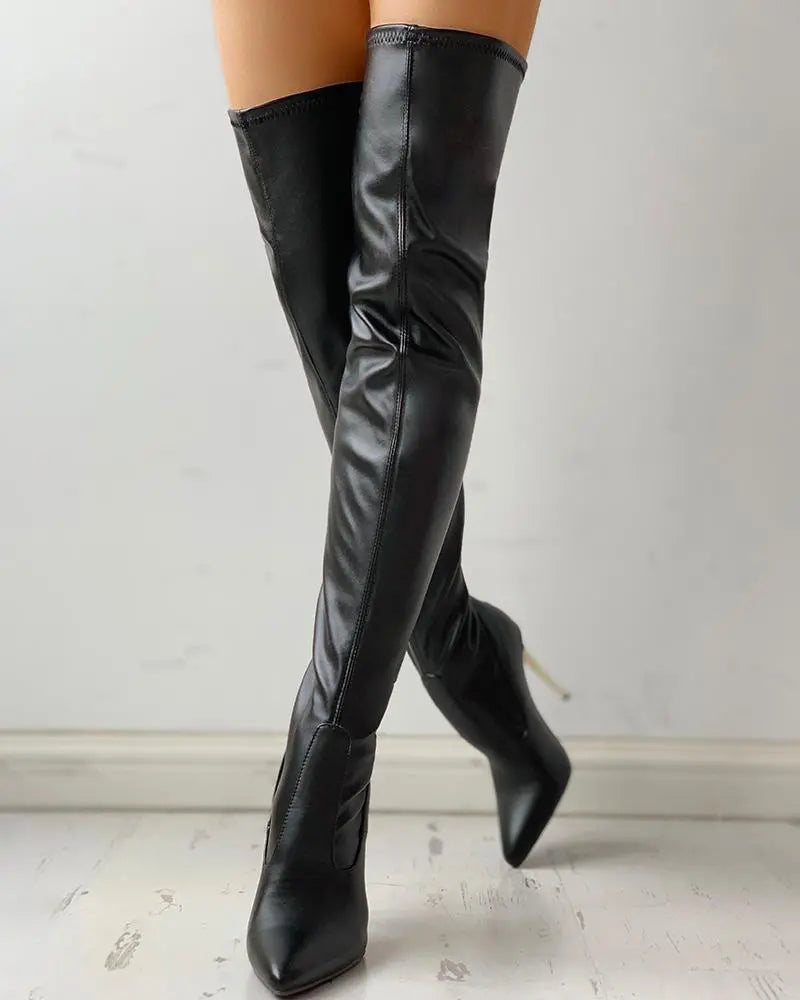 Knee-High Boots with Side Zipper & Slender Heels – Black Faux Leather Women's Dress Boots | Thomler
