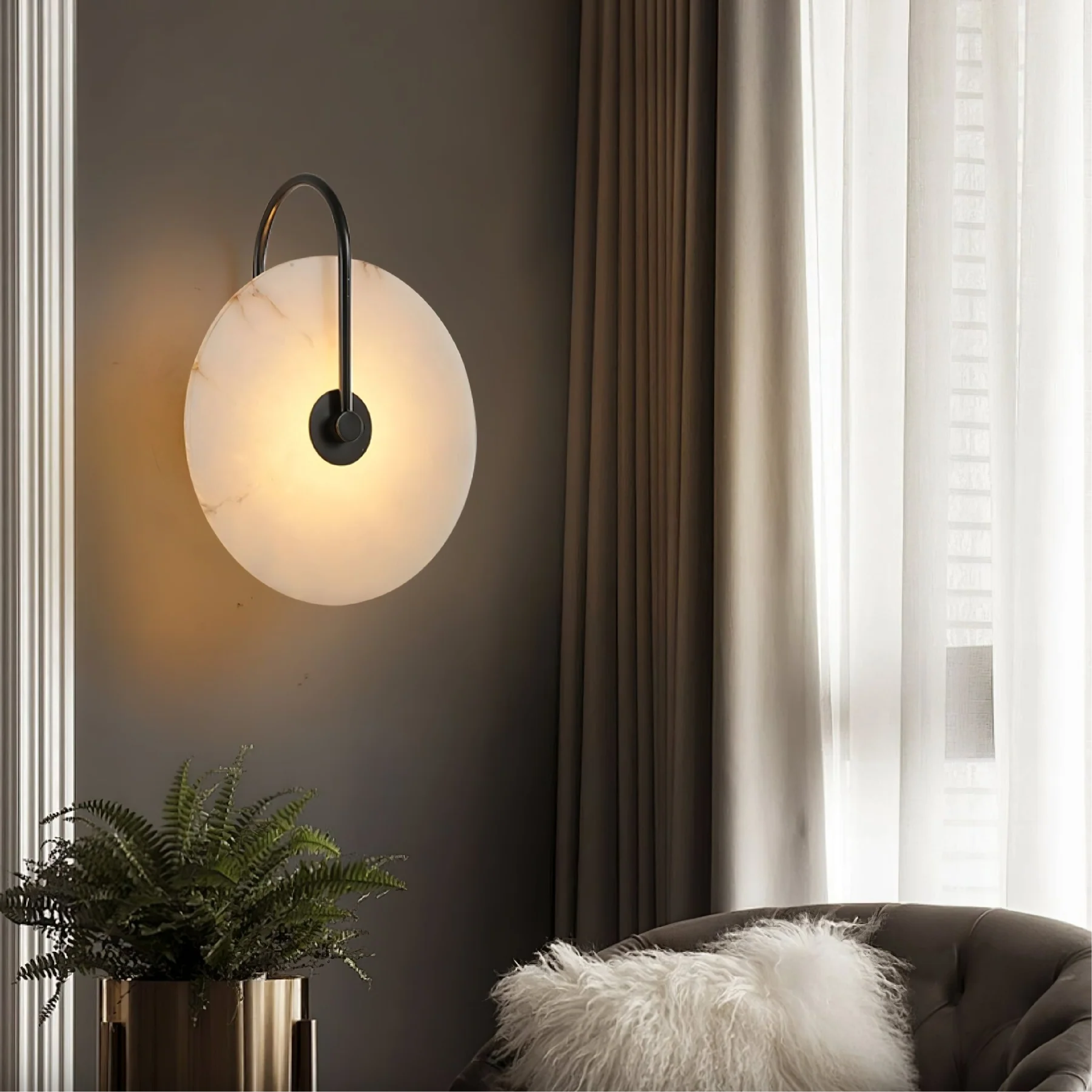 Wall Lamp Alabaster LED Ø15–30 cm Warm White Bedroom Hallway Living Room Accent Light Minimalist Gold Black Finish | Thomler