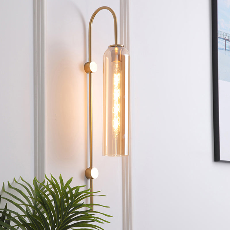 Curved Arm Wall Sconce with Ribbed Glass Shade – Single Bulb Metal Fixture for Bedroom, Hallway, Dining Room – Retro Modern Indoor Lighting | Thomler