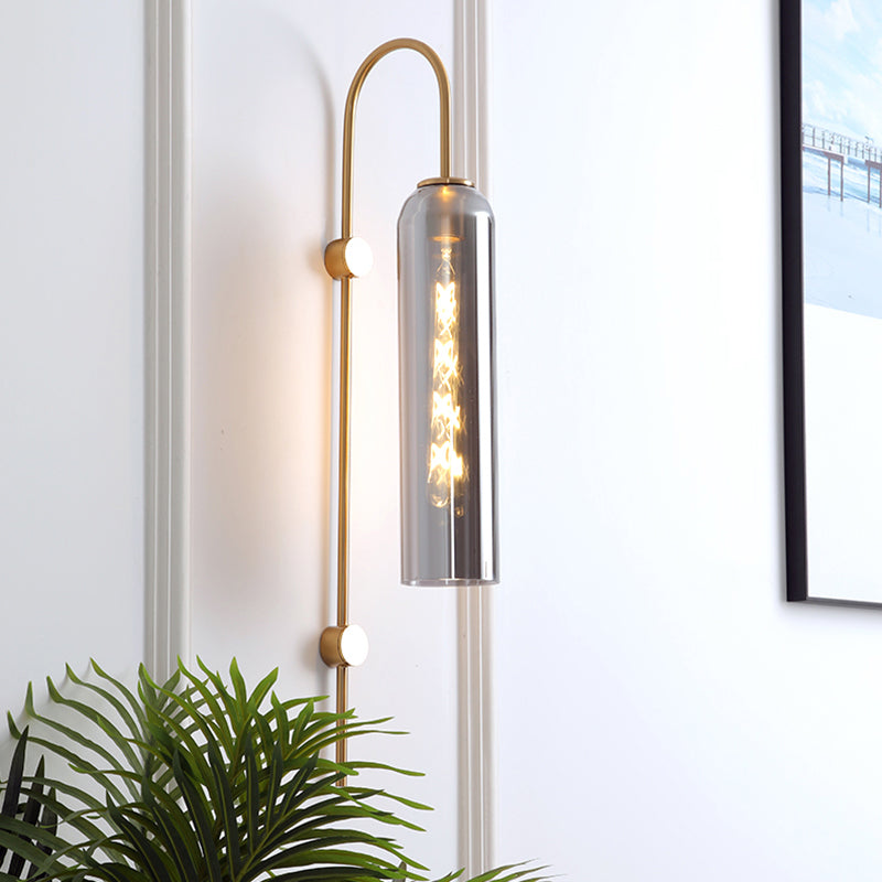 Curved Arm Wall Sconce with Ribbed Glass Shade – Single Bulb Metal Fixture for Bedroom, Hallway, Dining Room – Retro Modern Indoor Lighting | Thomler