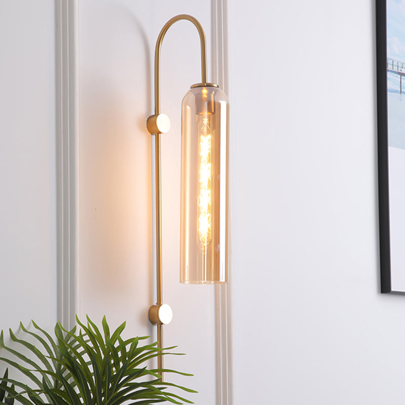 Curved Arm Wall Sconce with Ribbed Glass Shade – Single Bulb Metal Fixture for Bedroom, Hallway, Dining Room – Retro Modern Indoor Lighting | Thomler