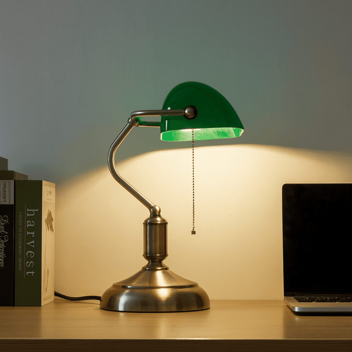 Traditional Brass & Green Glass Banker's Lamp with 3-Way LED Lighting for Office & Study | Thomler
