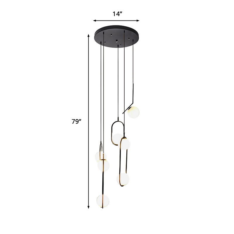 Multi-Globe Glass Pendant Chandelier – Modern Stairwell Lighting Fixture, Black Metal Frame, 5-6 Lights for Entryway Living Room Dining | Thomler