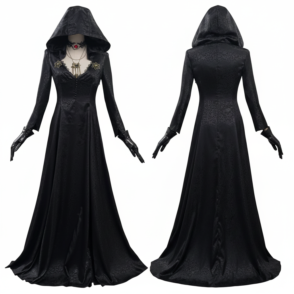 Gothic Vampire Costume Set for Women with Dress Gown Coat Choker & Tattoos for Halloween Cosplay Conventions Horror Fans | Thomler