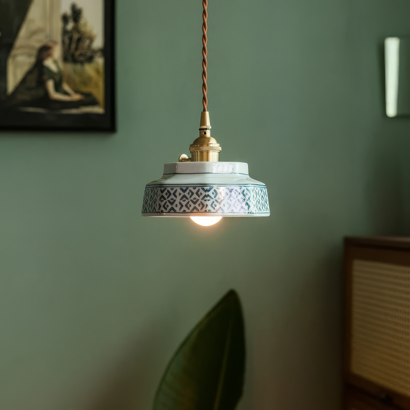 Ceramic Hanging Lamp with Hand-Painted Design & Copper Socket for Kitchen Island, Dining Room, Bedroom & Cafe | Scandinavian Style Fixture | Thomler