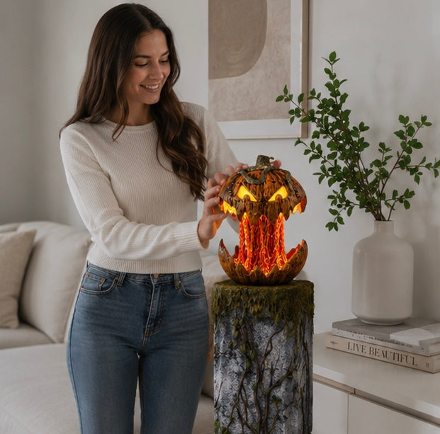 Voice-Triggered Glowing Jack-o'-Lantern Display Piece with Motion Response for Seasonal Home Haunts & Costume Events | Thomler