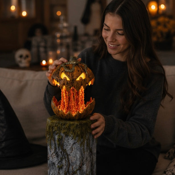 Voice-Triggered Glowing Jack-o'-Lantern Display Piece with Motion Response for Seasonal Home Haunts & Costume Events | Thomler
