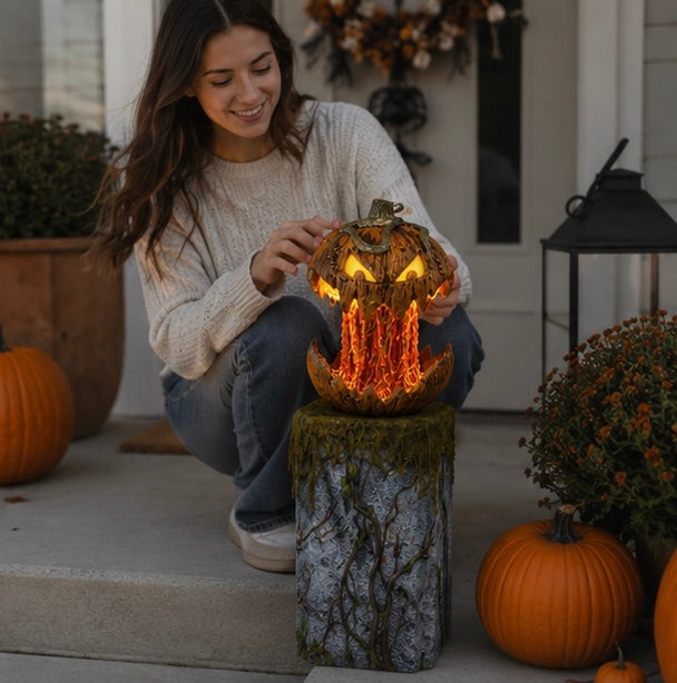 Voice-Triggered Glowing Jack-o'-Lantern Display Piece with Motion Response for Seasonal Home Haunts & Costume Events | Thomler