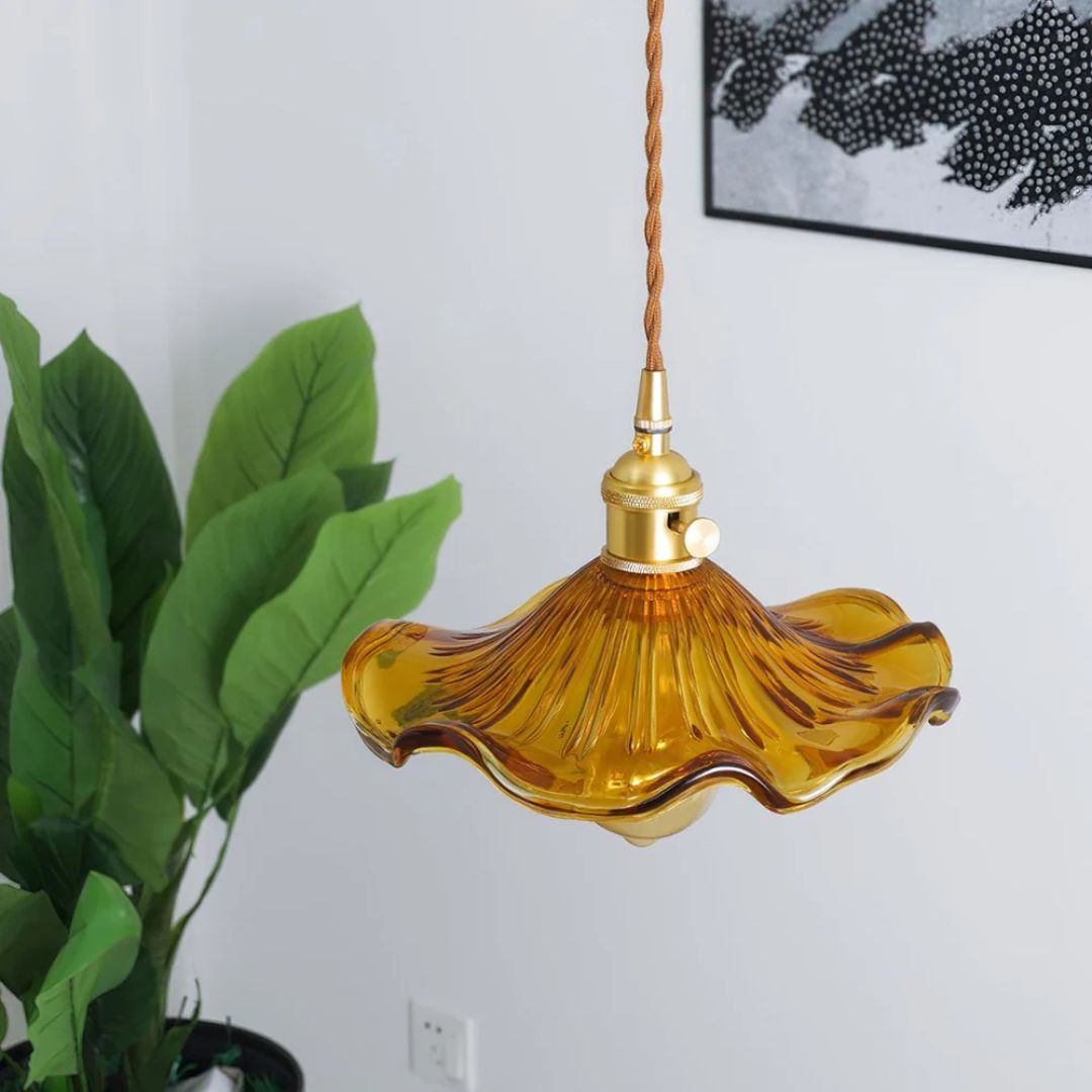 Pendant Light Glass Brass Flower Shade 23.0 cm Green Dining Room Bedroom Hanging Ceiling Lamp Retro Vintage Decorative | Thomler