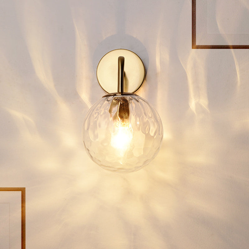 Contemporary Textured Globe Wall Light with Brass Arm | Single-Bulb Sconce for Bedroom, Hallway & Living Room | Hardwired Electric Fixture | Thomler