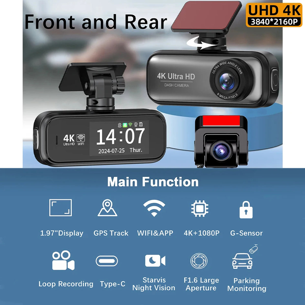 4K Dual-Lens Car Camera with WiFi Monitoring & GPS Tracking for Front & Rear Recording | Thomler