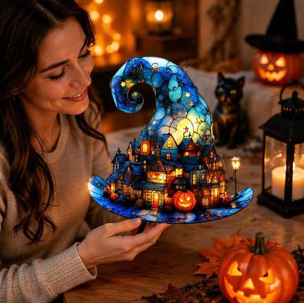 Acrylic Hanging Window Ornament – Spooky Season Silhouette with Pointed Hat and Village Scene for Halloween Home Accents | Thomler