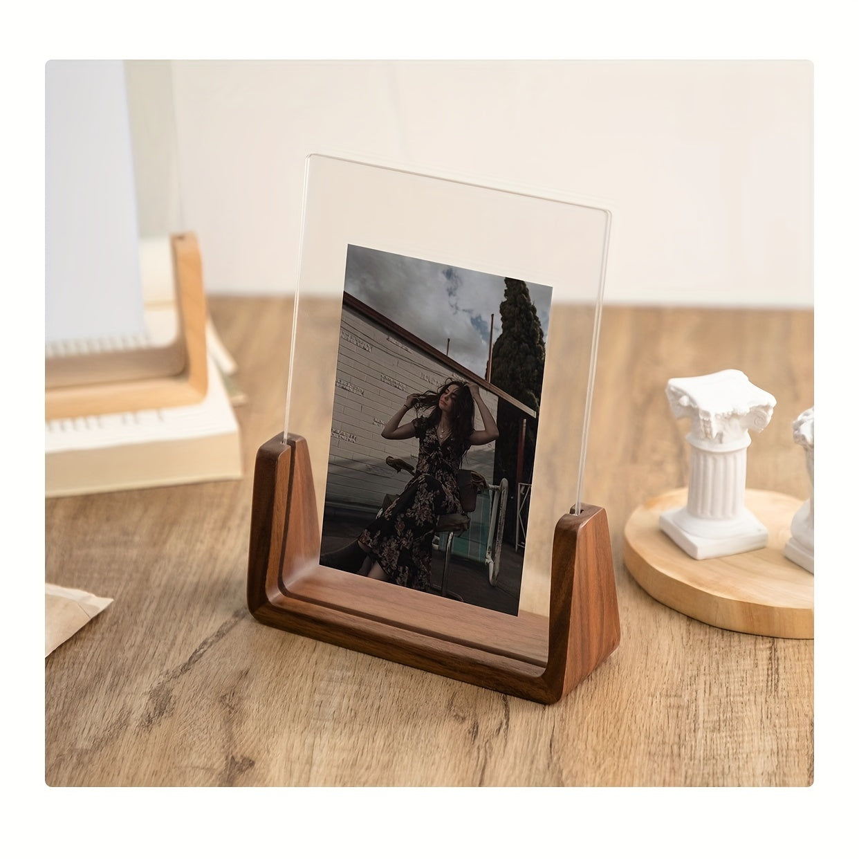 Clear Acrylic Photo Display Stand with Wood Base – Portrait or Landscape Picture Holder for Desk, Shelf, Bedroom Decor | Thomler