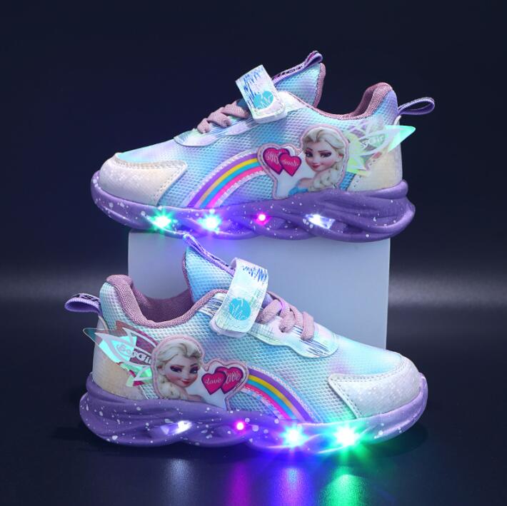 Kids Trainers Mesh LED Sole Pink Rainbow Velcro Everyday School Play Glitter Light Up Sneakers | Thomler