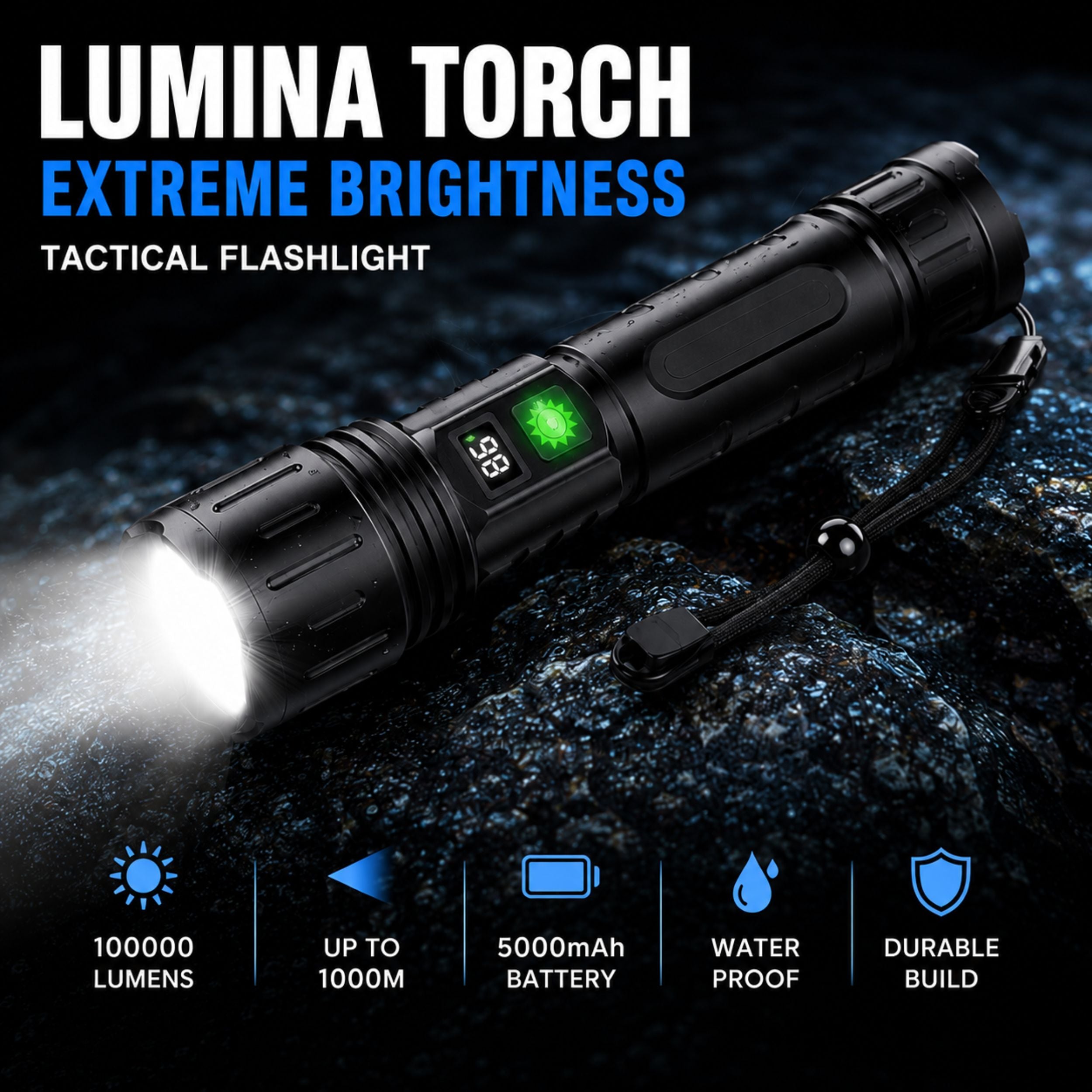 Heavy-Duty LED Flashlight with Power Bank Function, 5-Mode Zoomable Beam, Rechargeable 5000mAh Battery, Waterproof Aluminum Body for Camping | Thomler