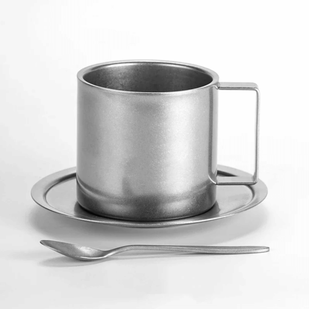 Stainless Steel Double-Wall Coffee Mug with Saucer & Spoon – Insulated Metal Espresso Cup for Hot Drinks, Kitchen Drinkware Set | Thomler