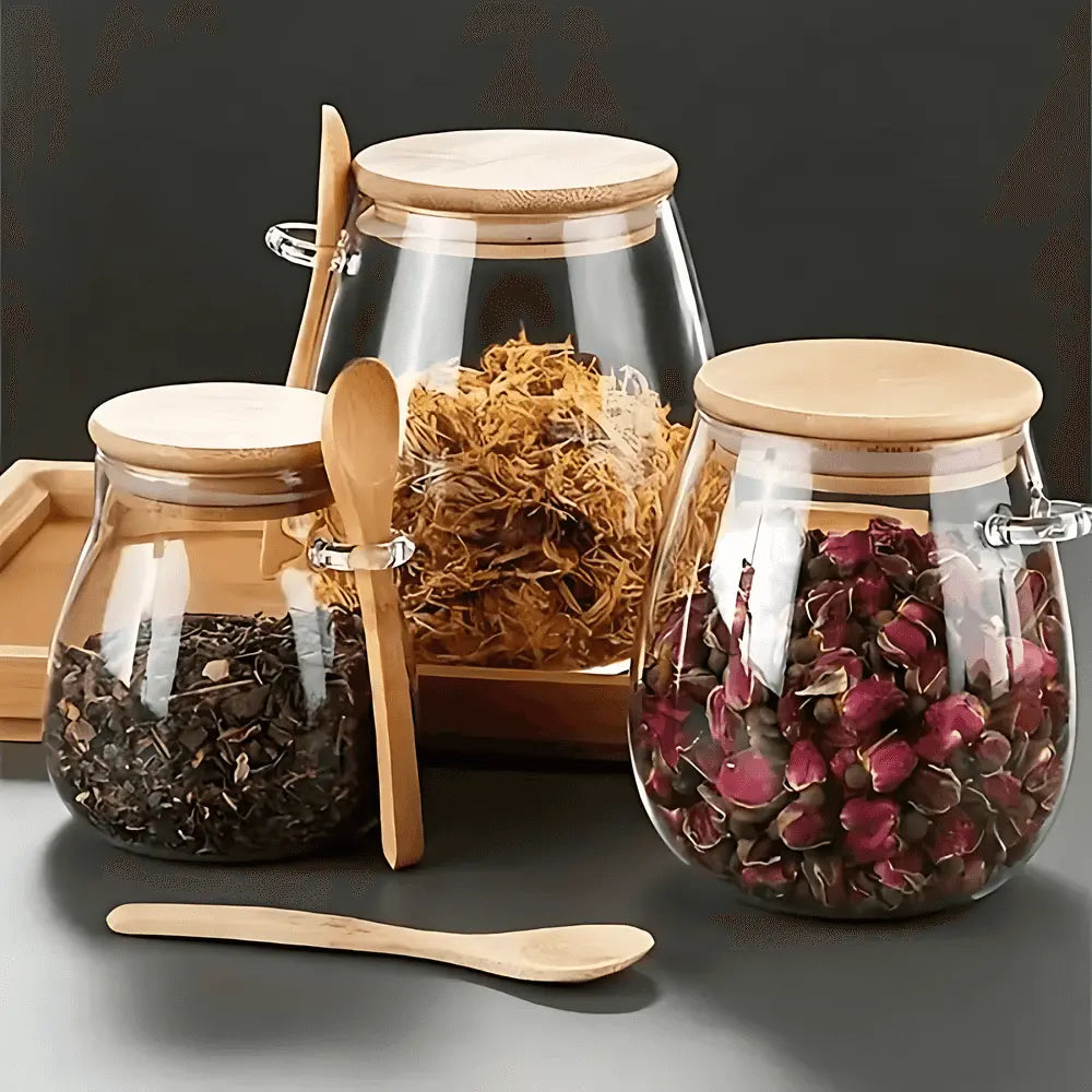Storage Jar Glass Airtight Bamboo Lid Tea Coffee Kitchen Organiser Dry Food Canister With Spoon | Thomler