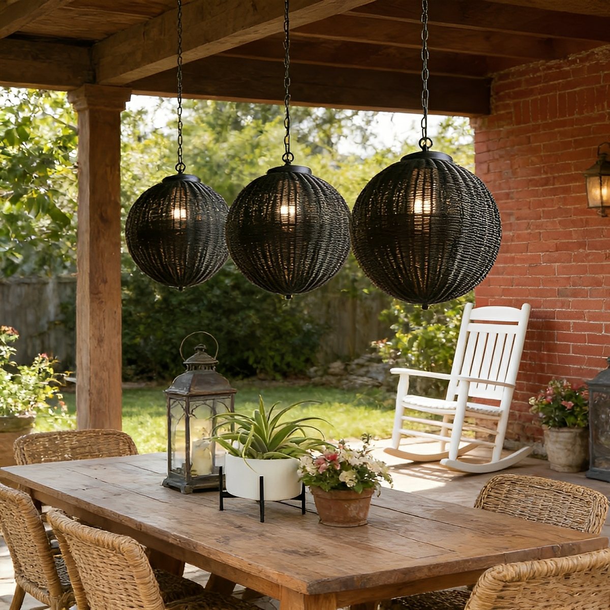 Pendant Light Synthetic Rattan 40.0 cm Black Outdoor Patio Pergola Hanging Lantern Waterproof Garden Ceiling Light | Thomler