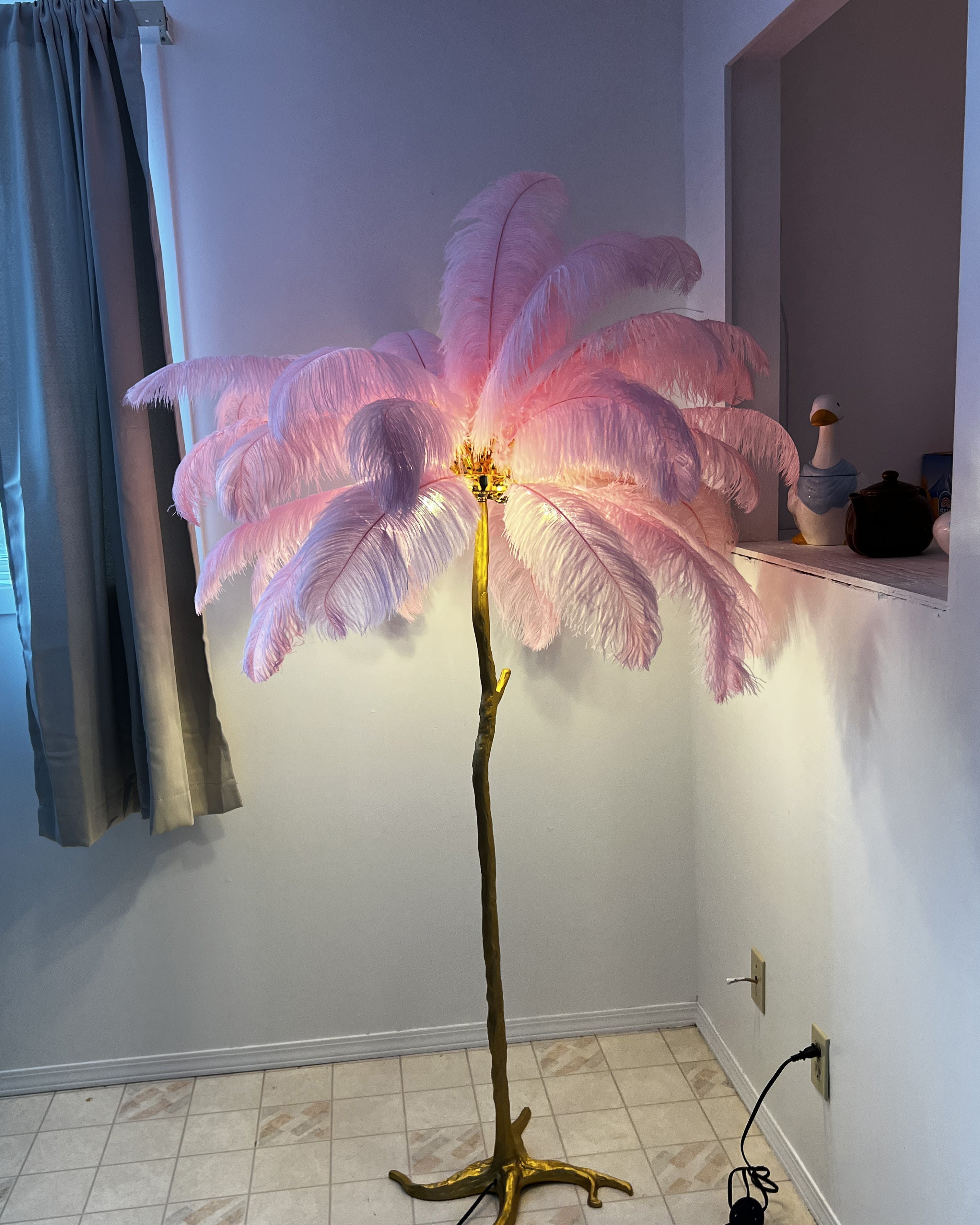 Floor Lamp Feather Shade 160.0 cm White Living Room Bedroom Palm Tree Standing Light Tropical Ambient Lighting | Thomler