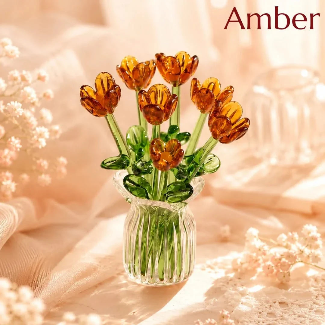 Handblown Glass Flower Display – 7-Bloom Arrangement with Mini Vase – Forever Florals for Shelves & Tabletops | Thomler