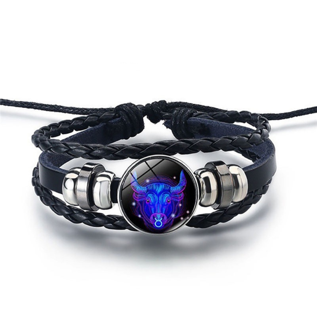 Adjustable Leather Zodiac Bracelet with Blue Stone Charm for Men & Women | Classic Wrist Cuff with Astrology Symbol | Handcrafted Steel & | Thomler