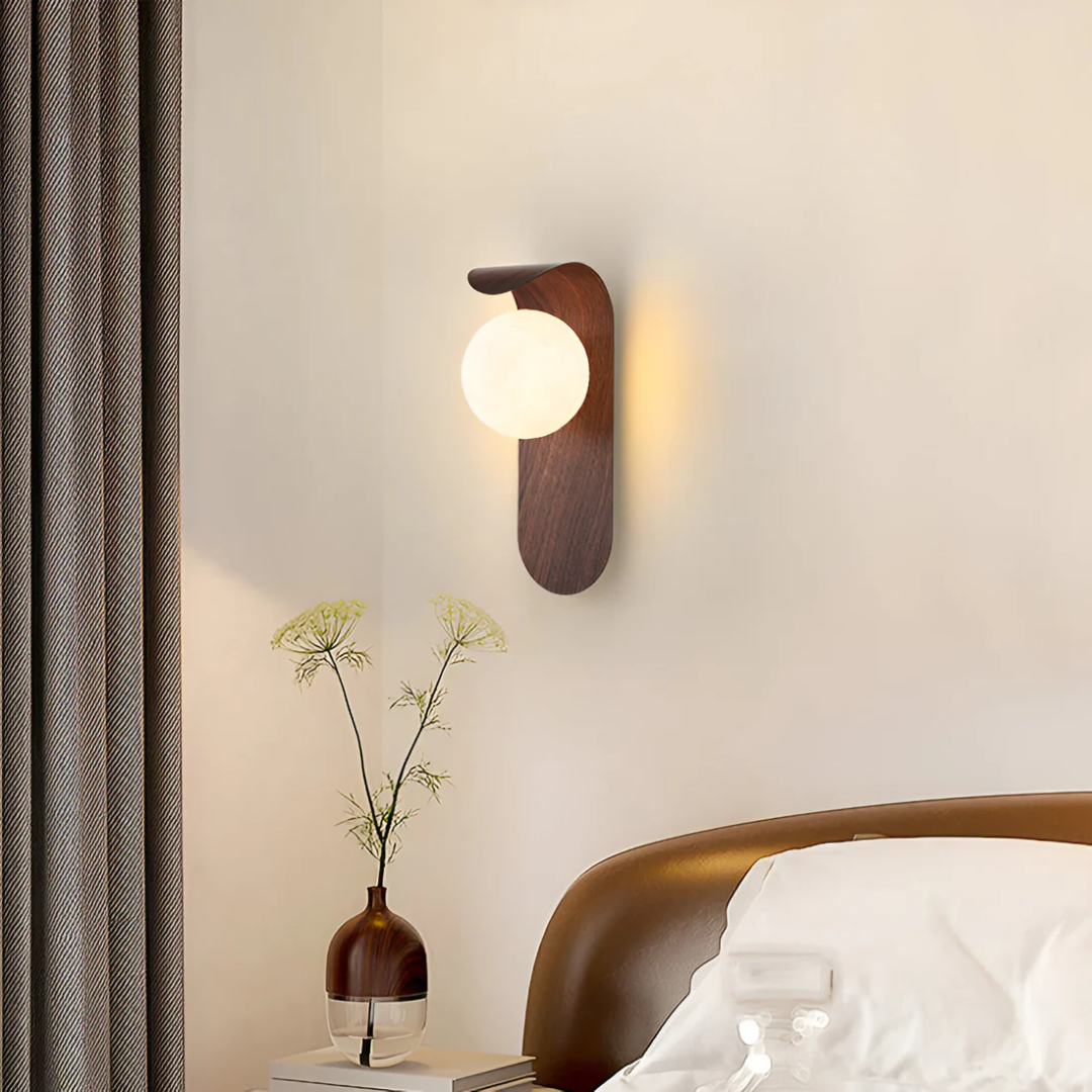 Modern LED Wall Sconce with Curved Wood Arm & Frosted Globe – Warm White Light for Bedroom, Living Room & Hallway – Natural or Walnut Finish | Thomler
