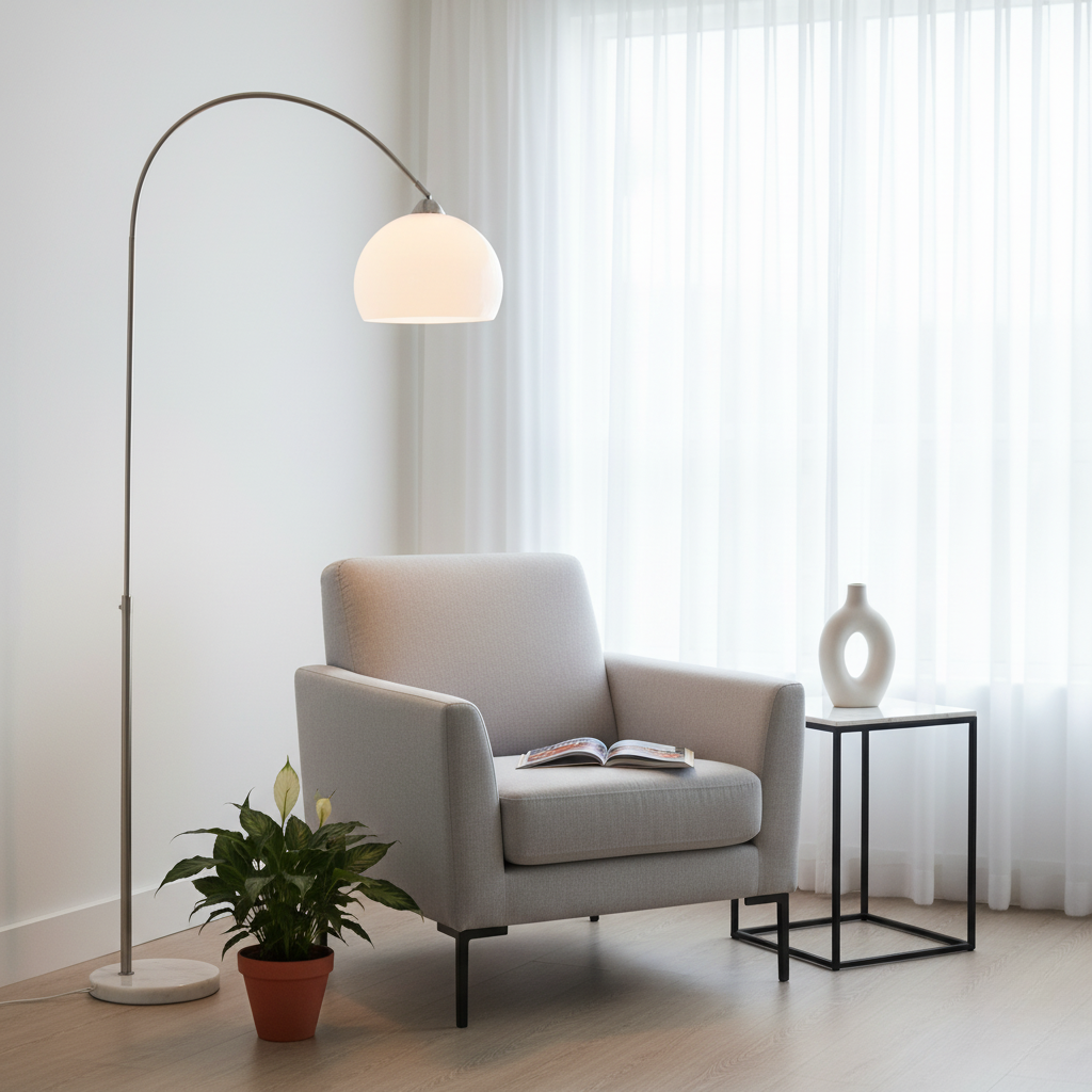 Arched Standing Light with Dome Shade & Marble Base – Modern Overhead Illumination for Living Room | Thomler