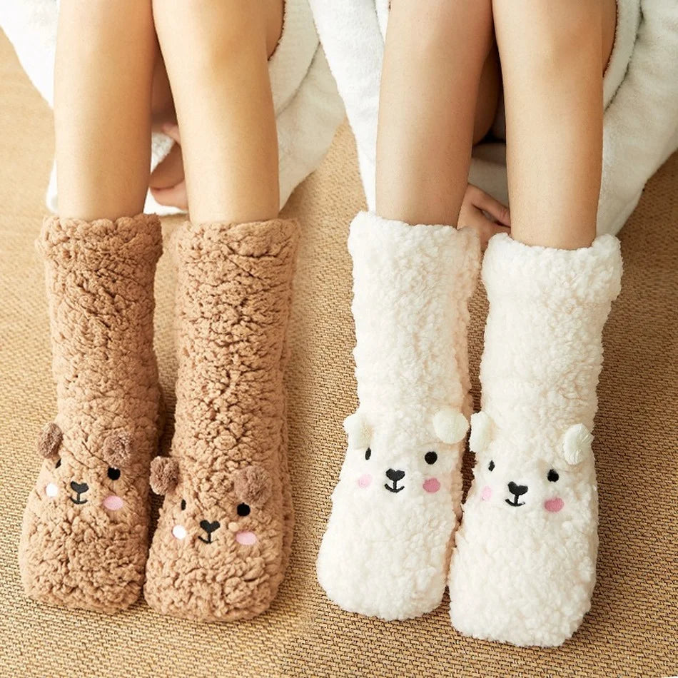Plush Animal-Face Thermal Fleece Socks – Cozy Grippy Winter House Slippers for Women & Girls | Thomler