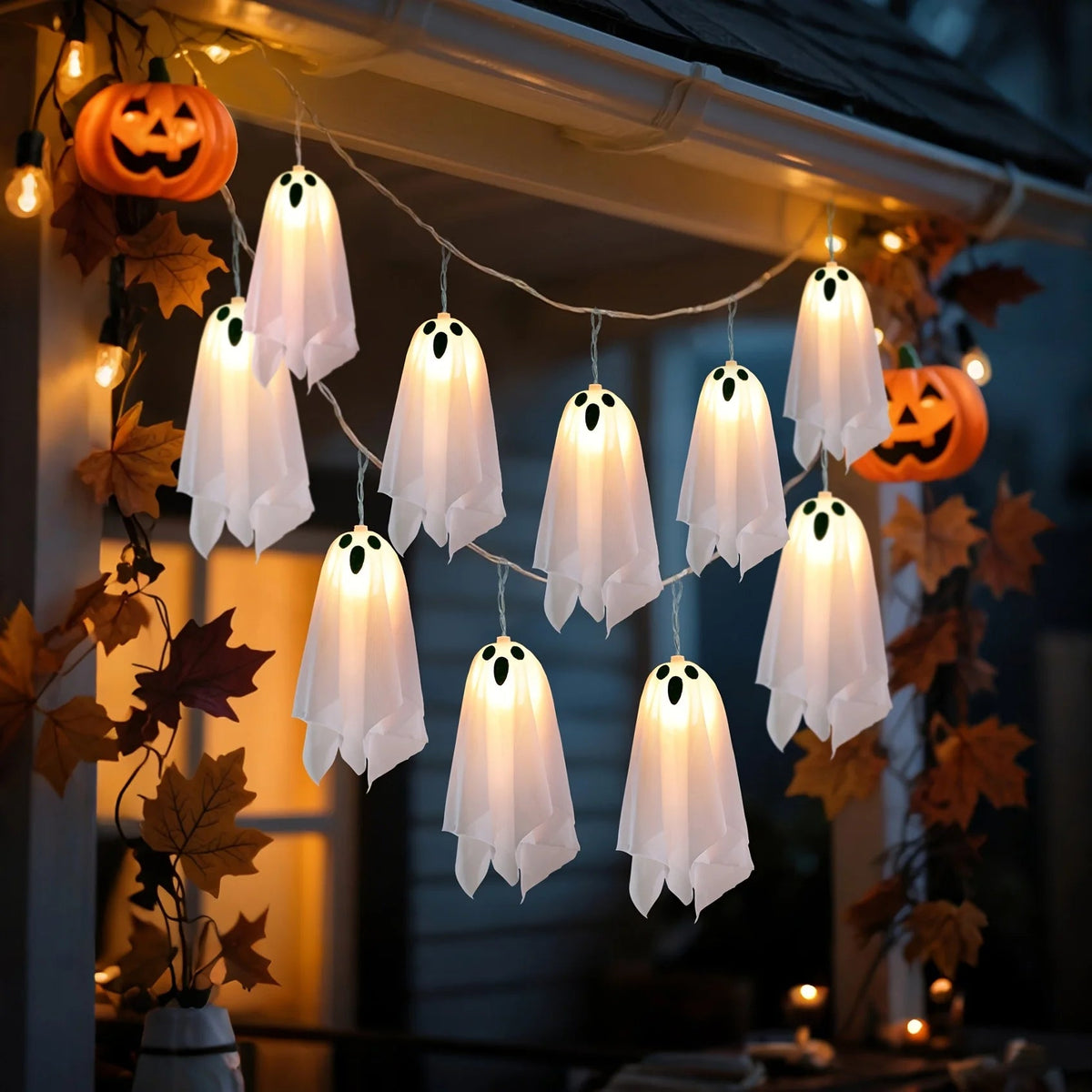 LED Ghost String Lights – Battery or Plug-In Illuminated Hanging Spirits for Spooky Indoor & Outdoor Halloween Decoration | Thomler