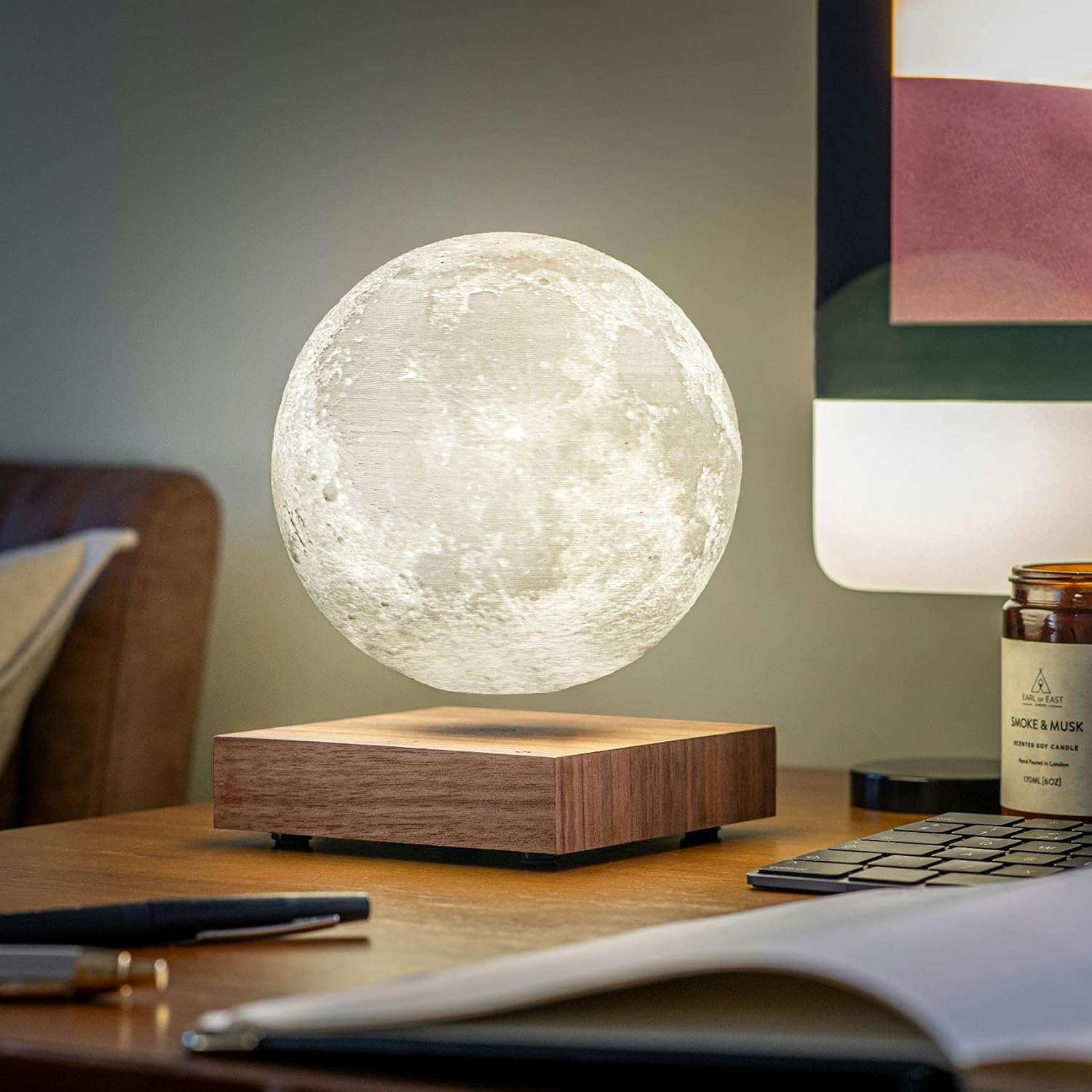 Levitating Moon Lamp 6 in 3D Printed ABS PVC Wood Base Home Decor Night Light | Thomler