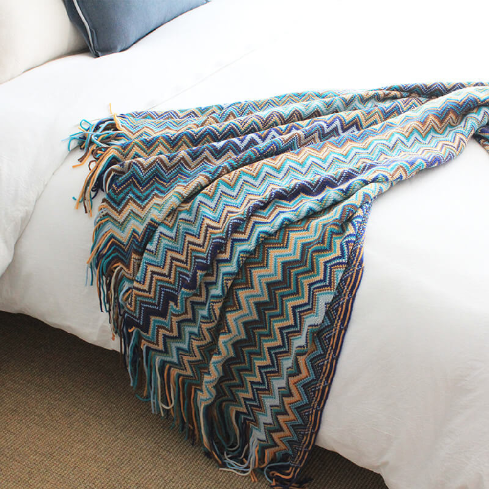 Chevron Knit Throw Blanket with Fringe Trim – Lightweight Acrylic for Year-Round Comfort | Thomler