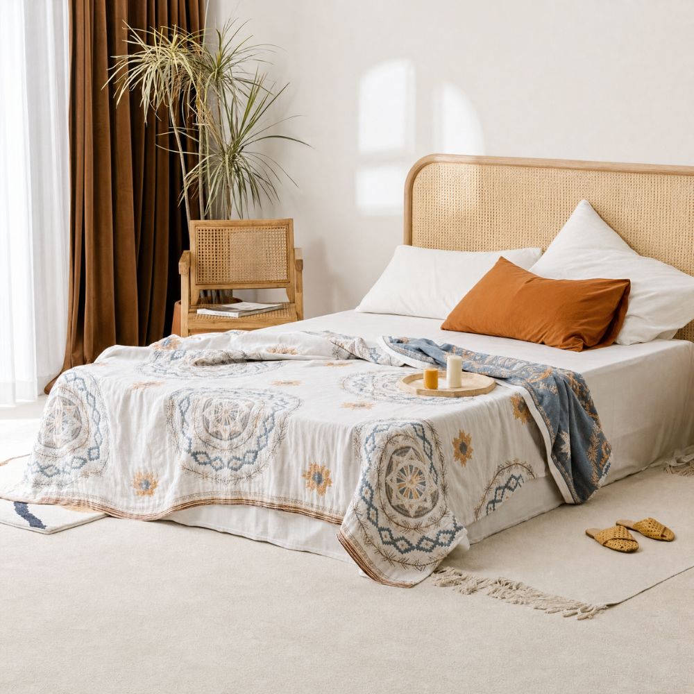 Cotton Throw Blanket with Mandala Pattern – Boho Geometric Design for Couch, Bed, Sofa – Lightweight Woven Coverlet for Living Room or | Thomler