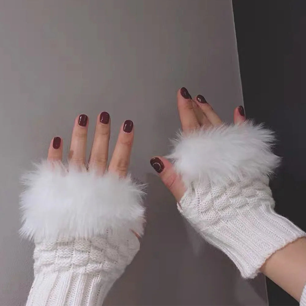 Soft Knit Fingerless Hand Warmers with Plush Faux Rabbit Fur Trim for Women – Stretchy Half-Finger Mittens for Texting & Typing in Cold | Thomler