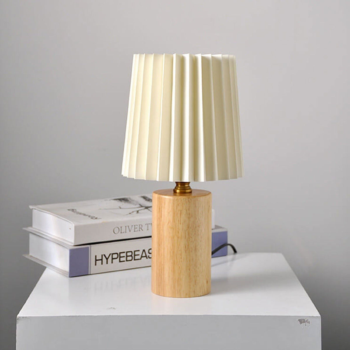 Pleated Fabric Accent Lamp with Cylindrical Wooden Base – Bedside Reading Light for Bedroom & Living Room | Thomler