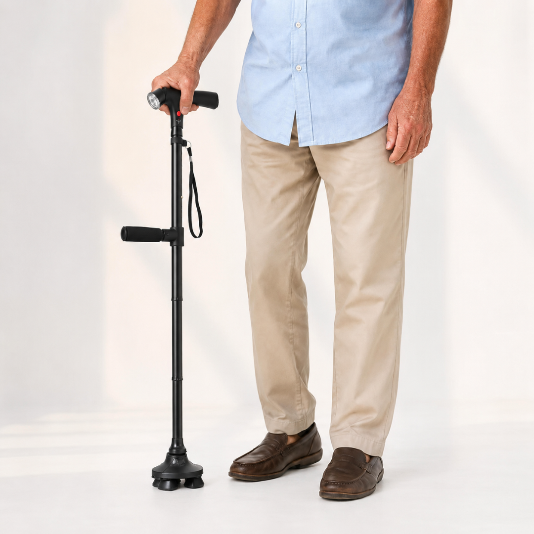 Quad-Base Folding Walking Cane with LED Light & Alarm for Stability, Balance Support & Mobility Aid | Thomler