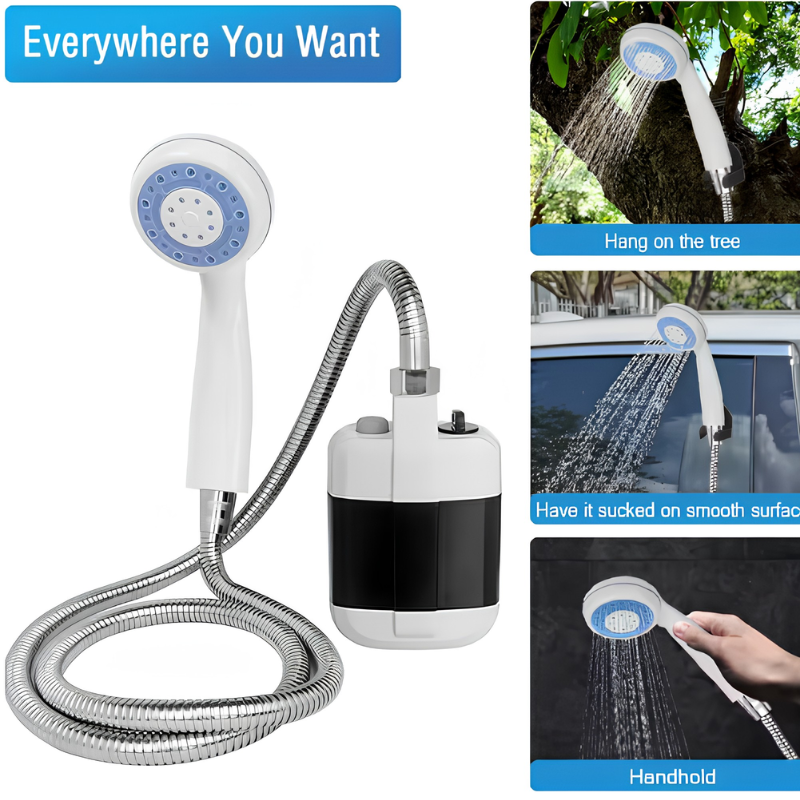Rechargeable Handheld Camping Shower Pump with Hose – Battery-Powered Portable Shower Head for Outdoor Adventures, RV Travel & Off-Grid | Thomler