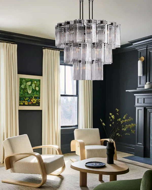 Circular Glass Panel Statement Chandelier 38-60 Inch Multi-Light Fixture for Dining Room Foyer High Ceiling Steel Frame Hanging Light | Thomler